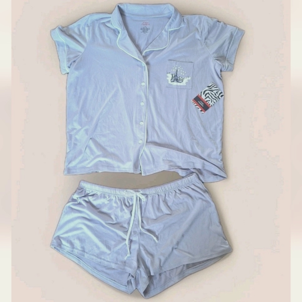 Cozy Couture XL Pajama Set Lilac Purple Shirt and Shorts Paris Eiffel Tower NWT